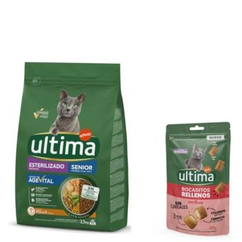 2,5 kg Ultima Sterilised Senior csirke száraz macskatáp+60g Ultima töltött falatkák marhával kutyasnack ingyen kép