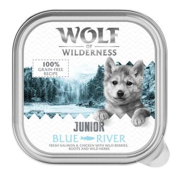 24x150g Wolf of Wilderness Junior Blue River - csirke & lazac gabonamentes nedves kutyaeledel kép