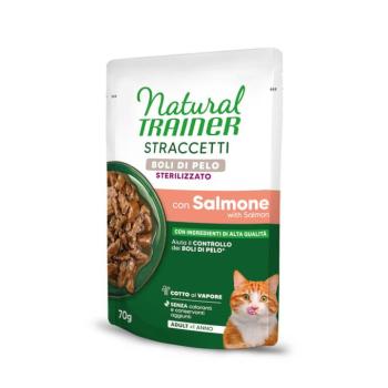 28x70g Natural Trainer Straccetti Hairball Sterilised csíkok szószban nedves macskatáp - Lazac kép