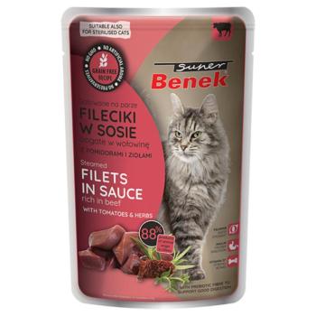28x85g Super Benek gabonamentes párolt filék Marha & paradicsom szószban nedves macskatáp kép