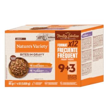 48x85 g Nature's Variety Bites szószban nedves macskaeledel Szárnyas válogatás (2 változattal: csirke, pulyka) kép