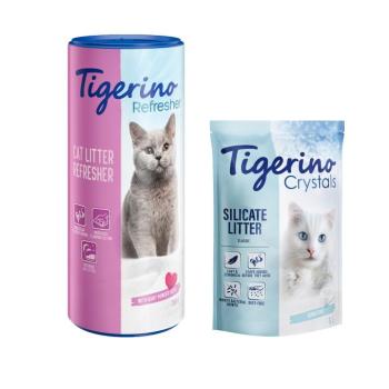 5 l Tigerino Crystals Classic macskaalom + 700 g Tigerino Refresher babapúder illat szagtalanító alomhoz kép