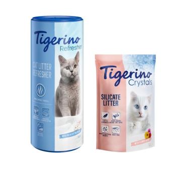 5 l Tigerino Crystals Flower Power macskaalom + 700 g Tigerino Refresher gyapjúvirág illat szagtalanító alomhoz kép