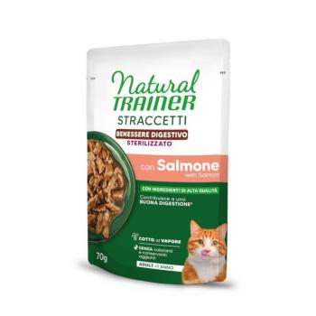 56x70g Natural Trainer Straccetti Digestive Wellbeing Sterilised csíkok szószban lazac nedves macskatáp kép