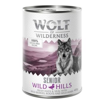 6x400g Wolf of Wilderness Senior 6 / 24 x 400 g - Duo-Protein Recept nedves kutyatáp - Wild Hills - kacsa & borjú kép