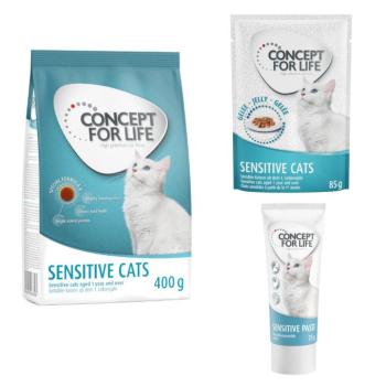 Concept for Life Sensitive vegyes próbacsomag macskáknak- 12 x 85 g nedvestáp aszpikban + 400 g száraztáp + 75 g paszta kép