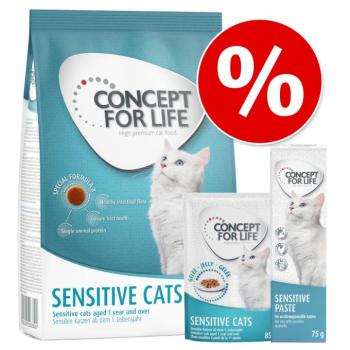 Concept for Life Sensitive vegyes próbacsomag macskáknak- 12 x 85 g nedvestáp szószban + 400 g száraztáp + 75 g paszta