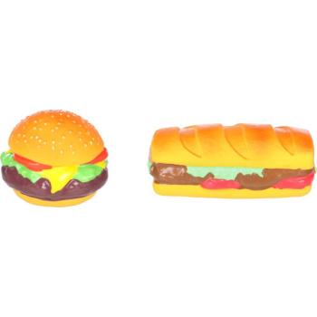 Flamingo sípolós latex gumijáték - hamburger, hotdog 1 db