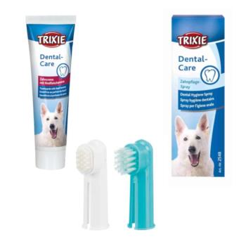 Trixie fogápoló szett: 100g marhahús ízű fogkrém, + 1db fogkefe + 1db masszázskefe, + 50ml fogápoló spray, kutyáknak, macskáknak kép